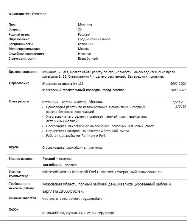 Форма резюме. Резюме образец бланк форма 2020. Пример заполнения CV. Образец написания резюме для устройства на работу шаблон. Резюме бетонщика образец.