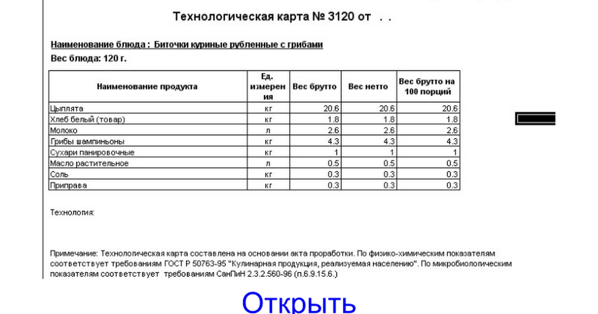 Пицца технологическая карта на 1 порцию