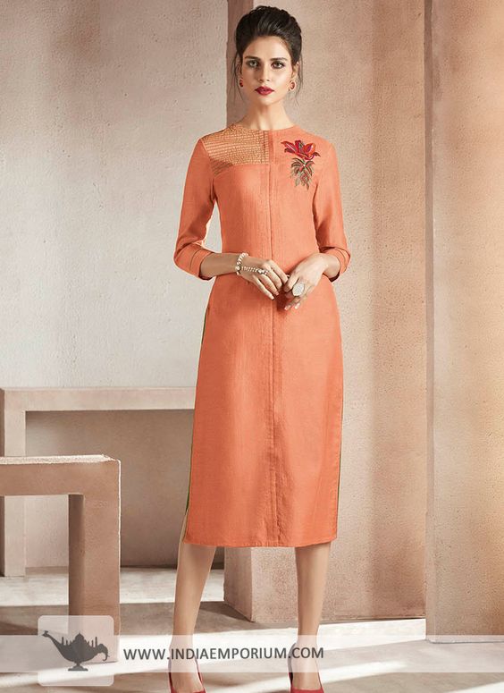 glistening orange embroidered modal fabric kurti